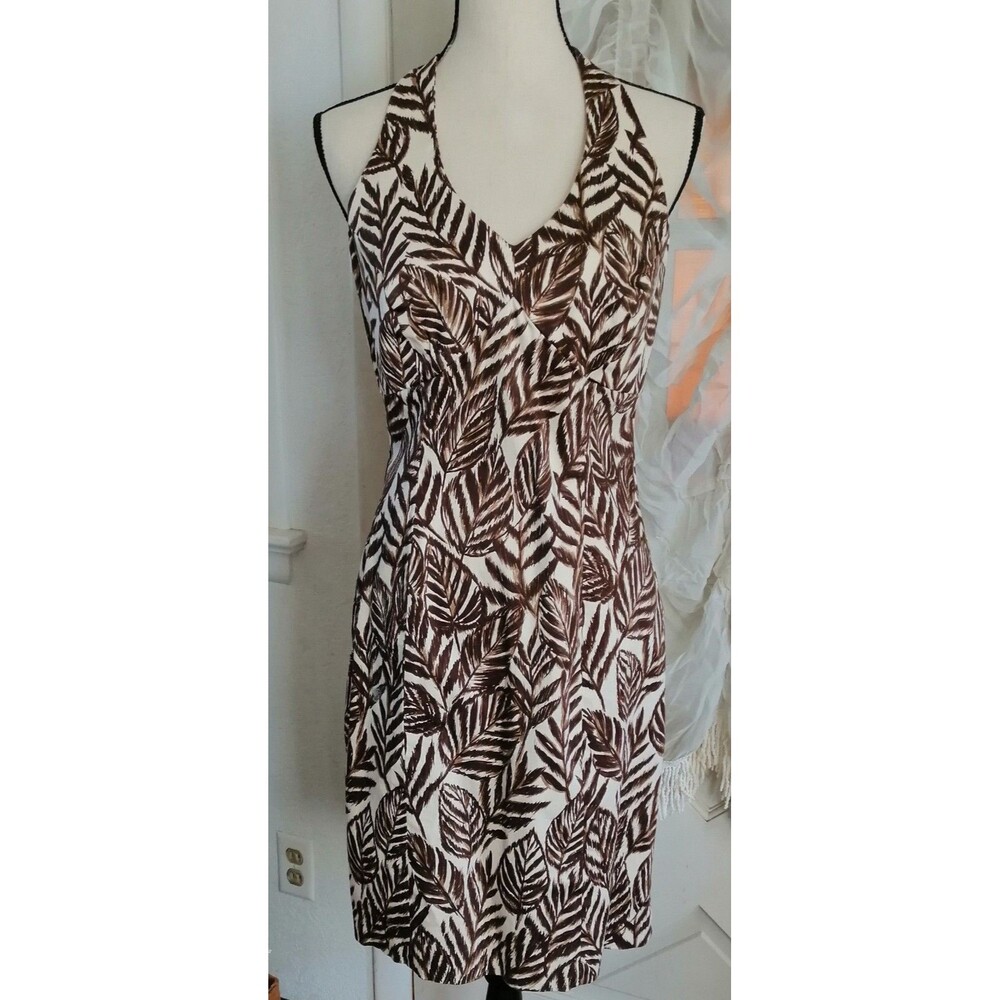 Jones New York Signature Women's Dress Size 10 Ivory Brown Leaves Halter Neck